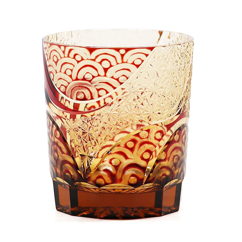 Verres à whisky Edo Kiriko de style japonais, multicolores, faits à la main, cylindriques, 240 ml, gravés, avec boîte cadeau – Red And Amber 201-300 ml | Studio Nichijo Paris