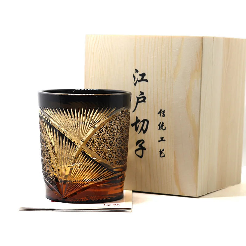 Verre Whisky Cristal Vintage Sculpté Main Éventail Japonais — Fabrication Artisanale – Noir | Studio Nichijo Paris