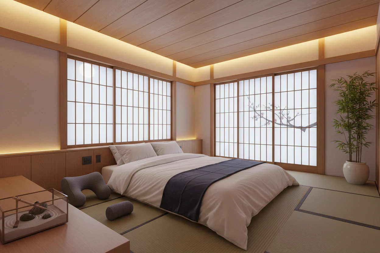 Chambre zen minimaliste avec accessoires de sommeil premium