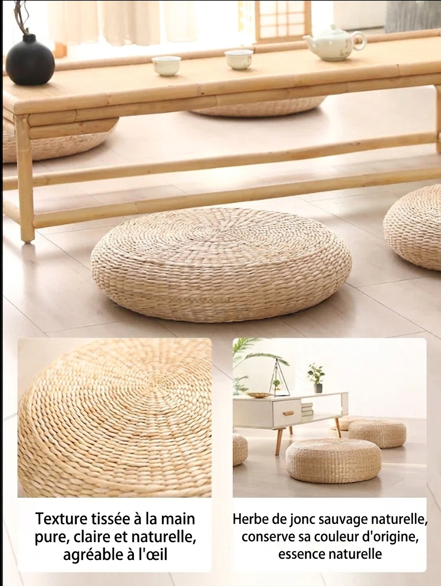 Coussin Futon Tatami Paille Tressée — Méditation & Décoration – Fabrication Artisanale – | Studio Nichijo Paris