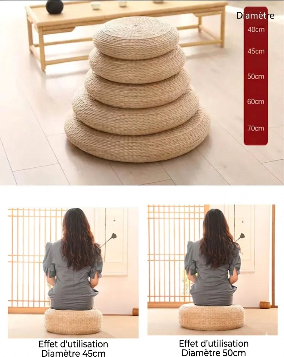 Coussin Futon Tatami Paille Tressée — Méditation & Décoration – Fabrication Artisanale – | Studio Nichijo Paris