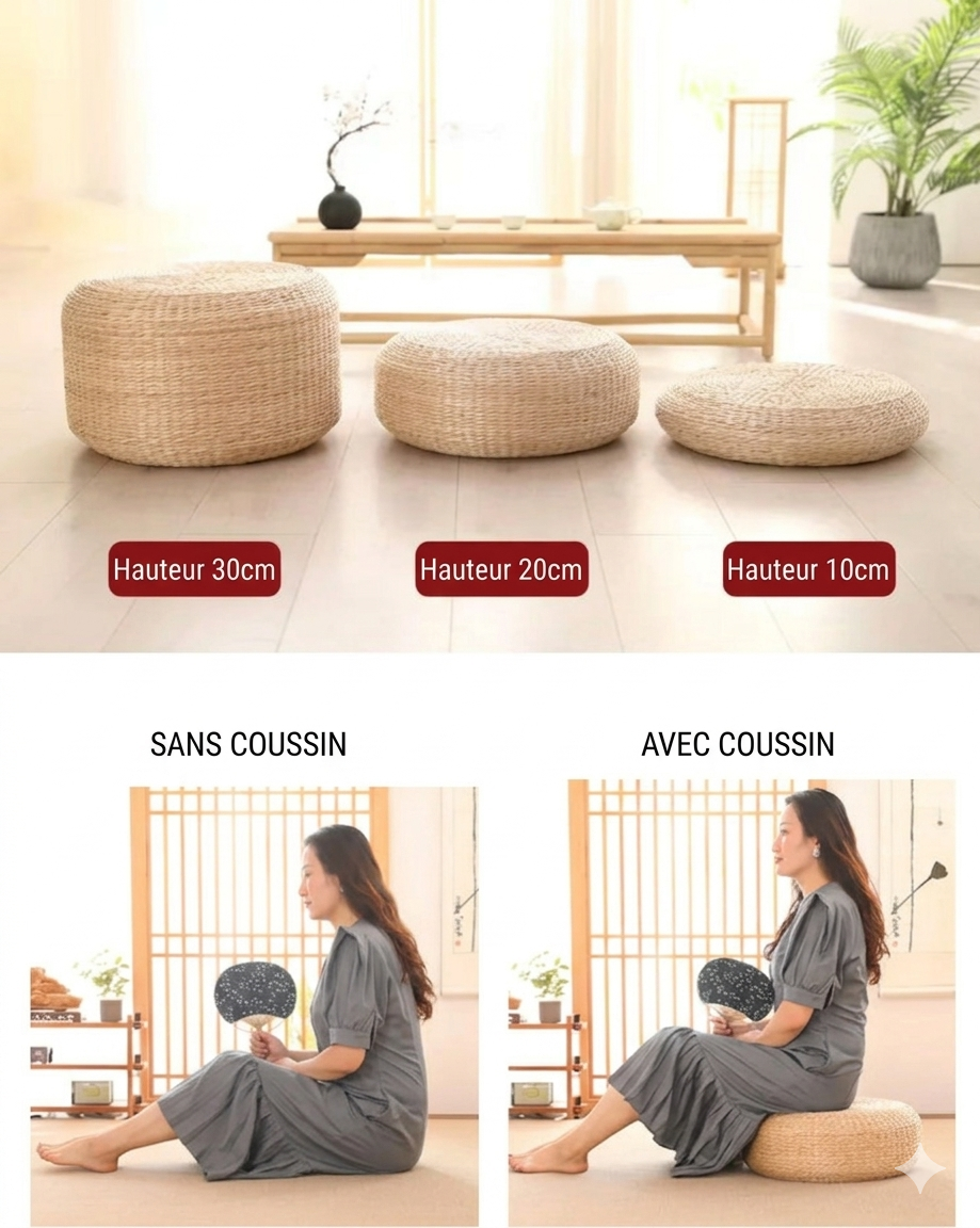 Coussin Futon Tatami Paille Tressée — Méditation & Décoration – Fabrication Artisanale – | Studio Nichijo Paris