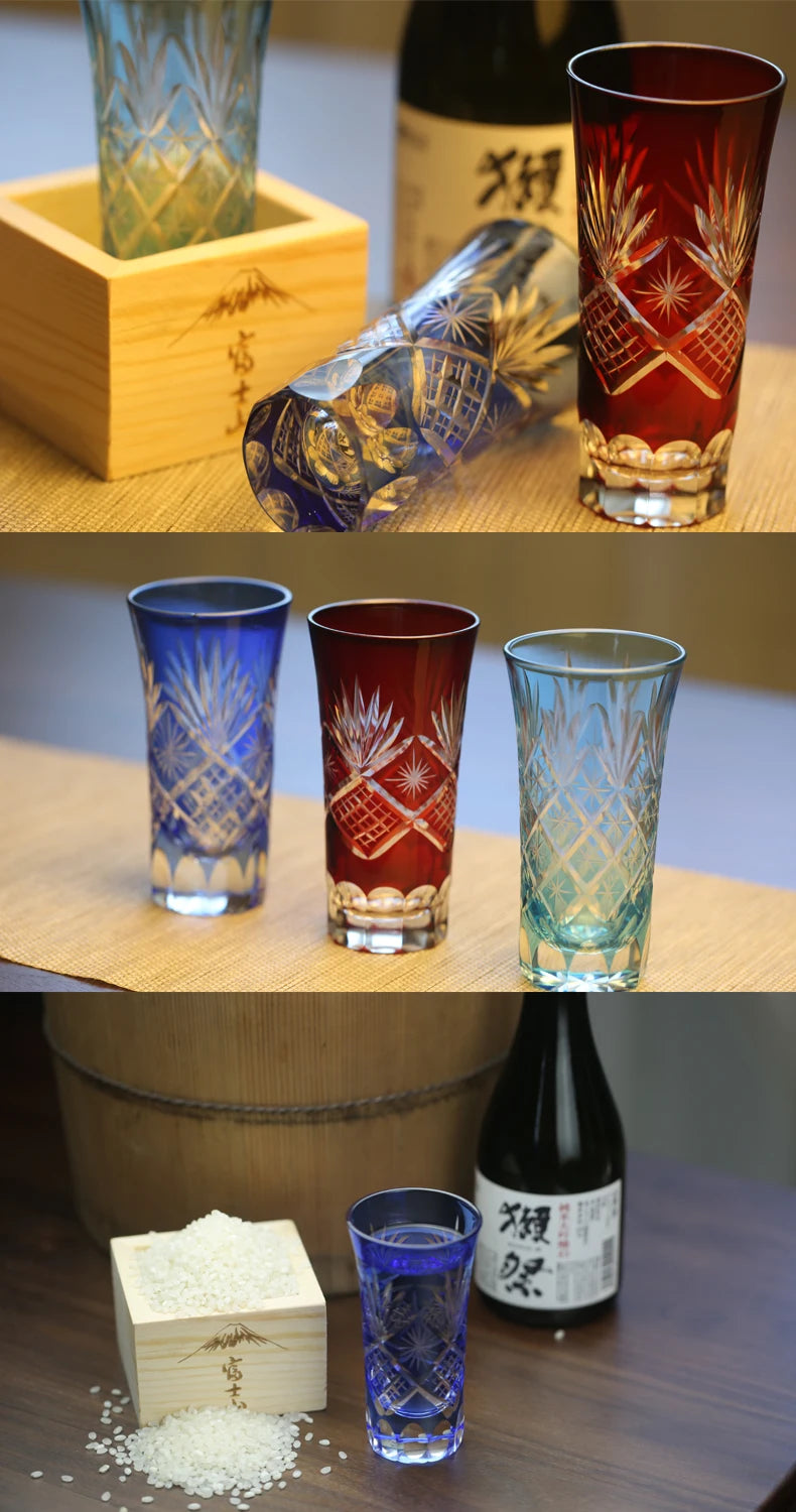 Verre à Saké Edo Kiriko et Son Daï en Bois — Cristal Découpé à la Main – Sans Plomb – | Studio Nichijo Paris