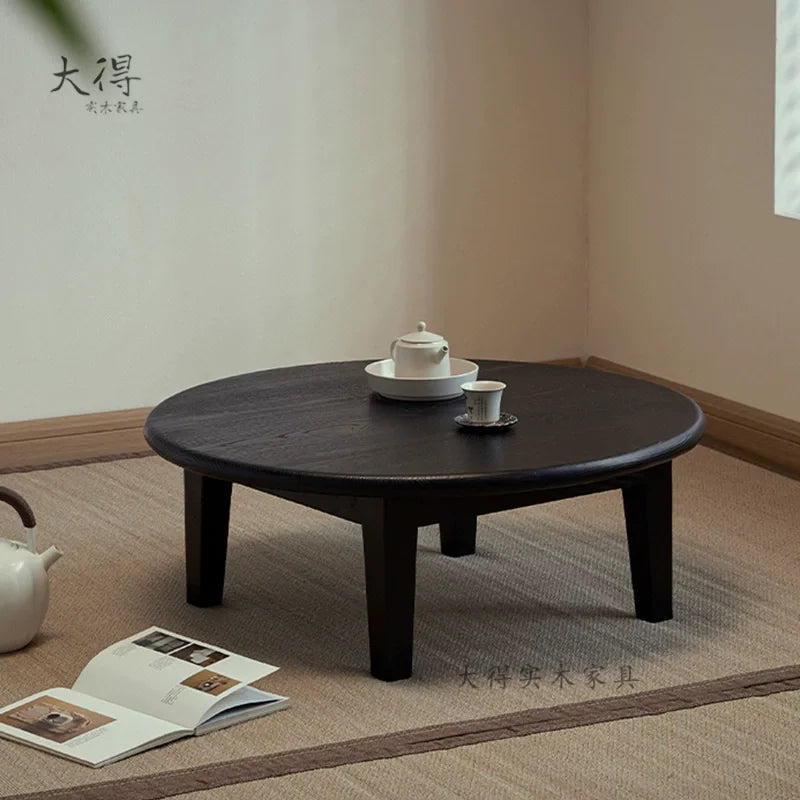 Table Thé Bois Massif Fait Main Ronde Wabi-Sabi Zen Baie Vitrée — Fabrication Artisanale – | Studio Nichijo Paris