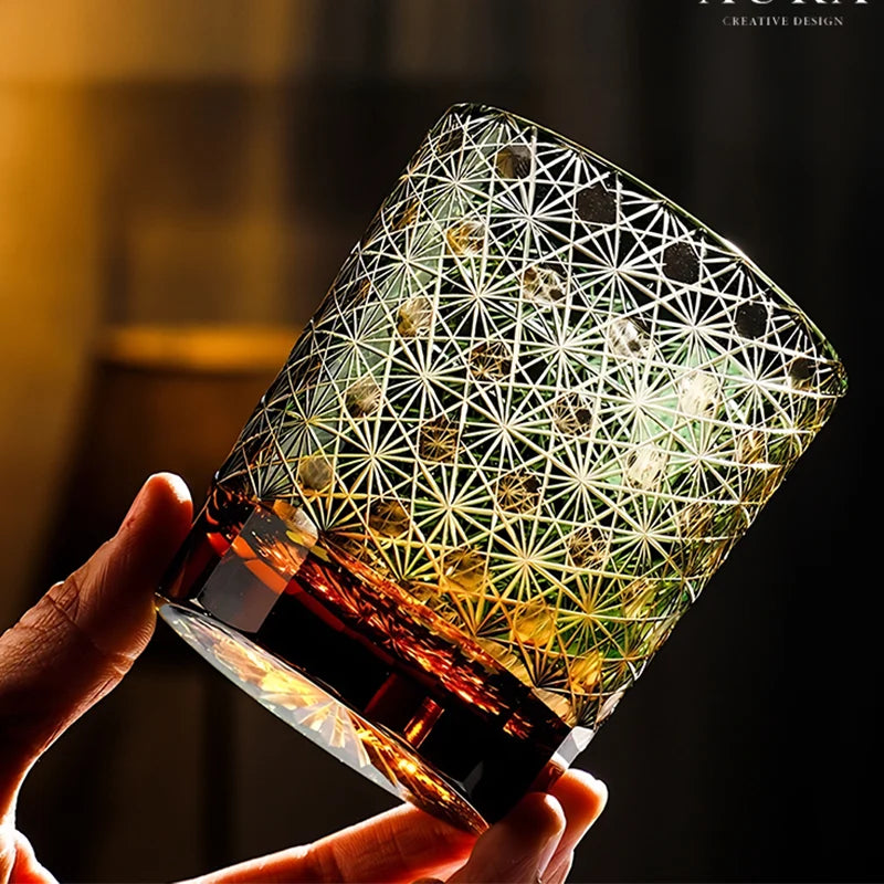 Verre Whisky Edo Kiriko Cristal Coupé Luxe Japonais — Fabrication Artisanale – Amber green | Studio Nichijo Paris
