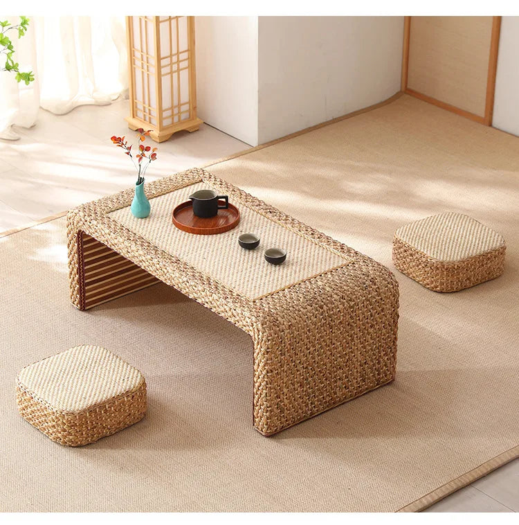 Table Thé Bois Massif Rotin Tressé Main Rectangulaire Rétro Kang — Fabrication Artisanale – | Studio Nichijo Paris