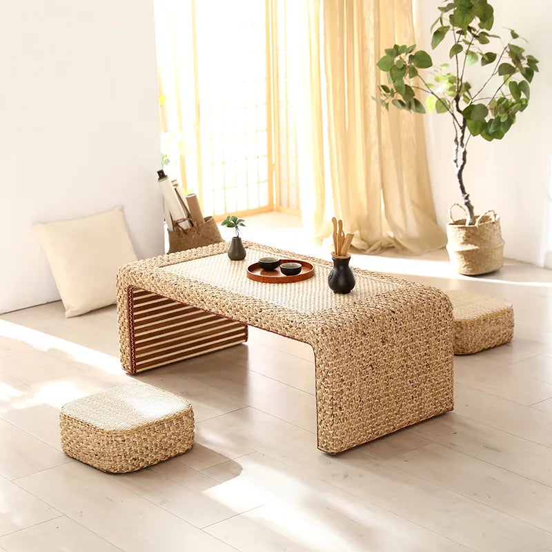 Table Thé Bois Massif Rotin Tressé Main Rectangulaire Rétro Kang — Fabrication Artisanale – | Studio Nichijo Paris