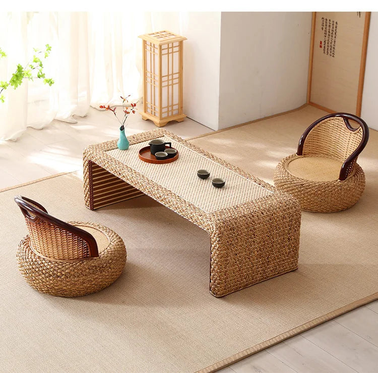 Table Thé Bois Massif Rotin Tressé Main Rectangulaire Rétro Kang — Fabrication Artisanale – | Studio Nichijo Paris