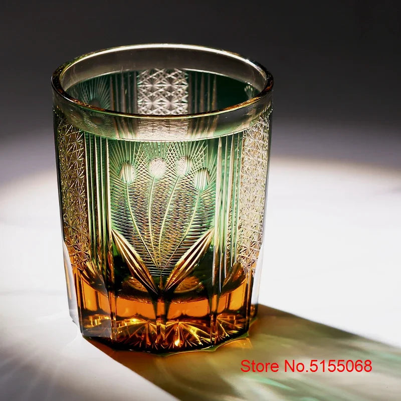 Verre Whisky Luxe Edo Kiriko Cristal Paon Vert Bleu 270 ml — Fabrication Artisanale – | Studio Nichijo Paris