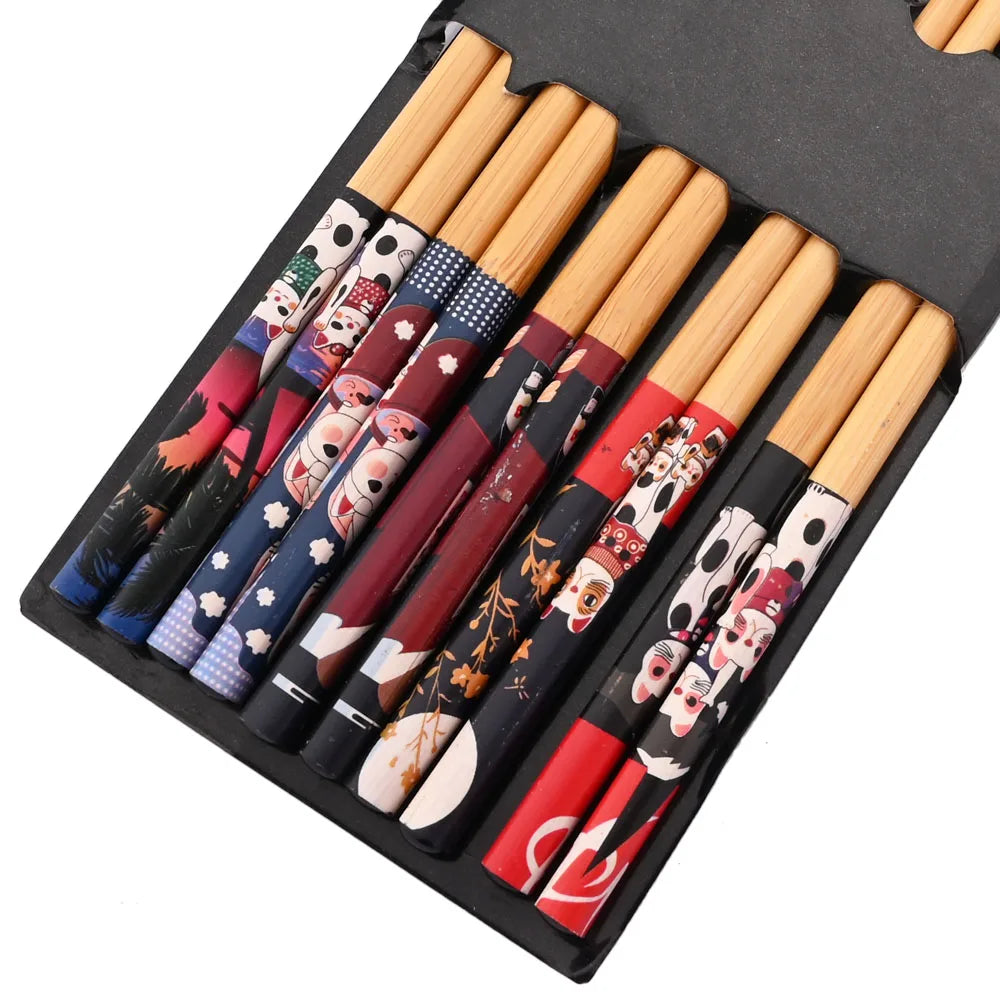 Baguettes Bois Bambou Japonaises Multicolores Lot 5 Paires — Fabrication Artisanale – 5 paires Cat | Studio Nichijo Paris