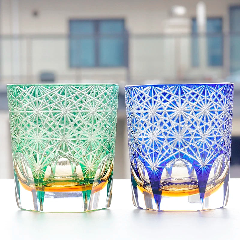 Verres à whisky Edo Kiriko de style japonais, multicolores, faits à la main, cylindriques, 240 ml, gravés, avec boîte cadeau – | Studio Nichijo Paris