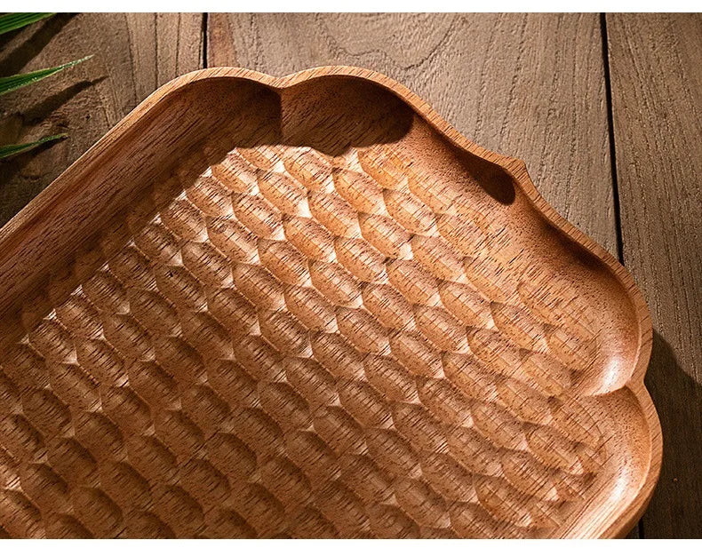 Plateau Thé Bois Rose Doré Sculpté Main Ovale Soucoupe — Fabrication Artisanale – | Studio Nichijo Paris