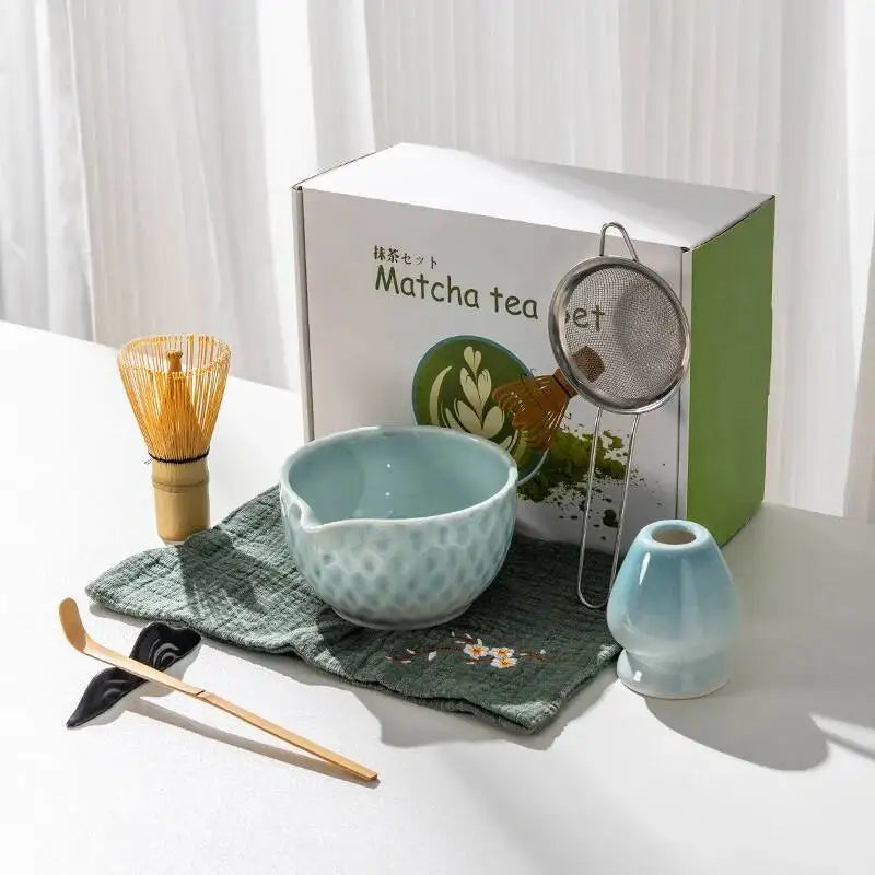 Ensemble Bols Matcha Céramique Émaillée Japonaise — Fabrication Artisanale – Bleu 7 pièces | Studio Nichijo Paris