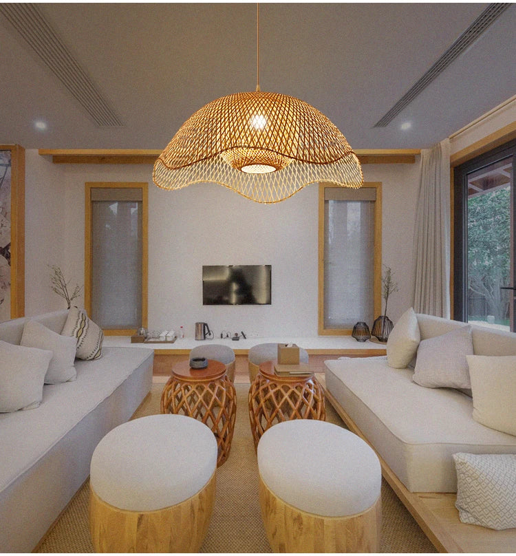 Lustre suspendu en bambou et bois, style chinois, japonais, asiatique, pour cuisine, hôtel, restaurant, salle à manger, salon, fabrication artisanale, nouveauté 2022 – | Studio Nichijo Paris