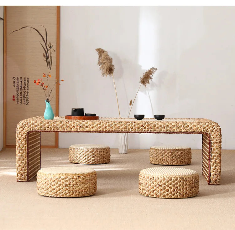 Table Thé Bois Massif Rotin Tressé Main Rectangulaire Rétro Kang — Fabrication Artisanale – | Studio Nichijo Paris