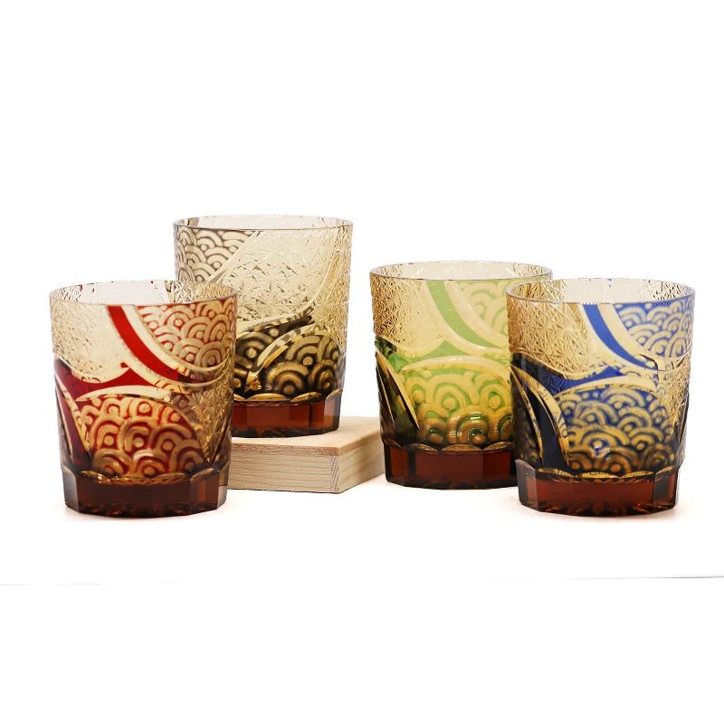Verres à whisky Edo Kiriko de style japonais, multicolores, faits à la main, cylindriques, 240 ml, gravés, avec boîte cadeau – | Studio Nichijo Paris