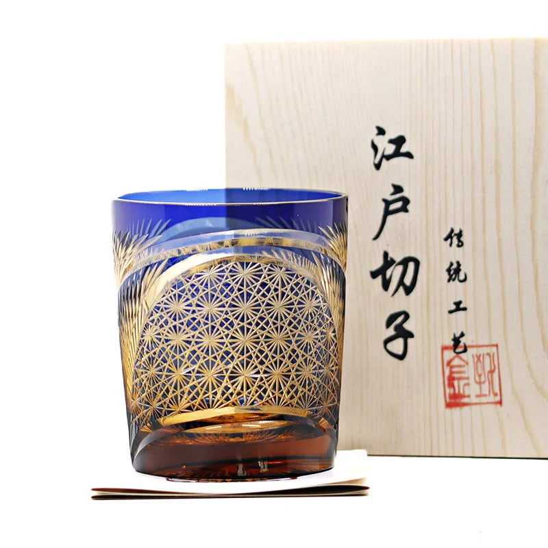 Verre Whisky Cristal Vintage Sculpté Main Éventail Japonais — Fabrication Artisanale – Bleu | Studio Nichijo Paris