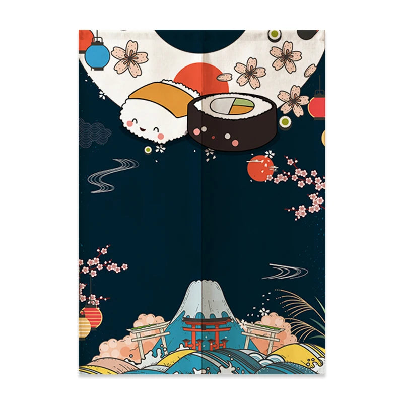 Rideau de Porte Japonais en Lin | Motif Mont Fuji & Vagues | Cloison Intérieure – | Studio Nichijo Paris