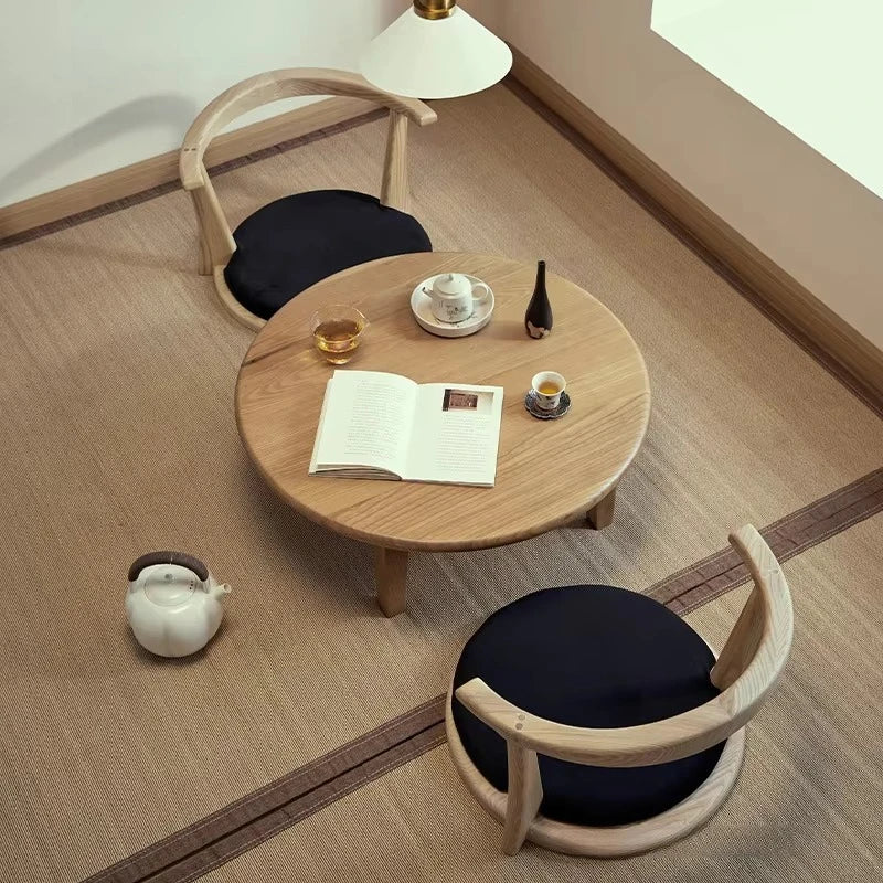 Table Thé Bois Massif Fait Main Ronde Wabi-Sabi Zen Baie Vitrée — Fabrication Artisanale – | Studio Nichijo Paris