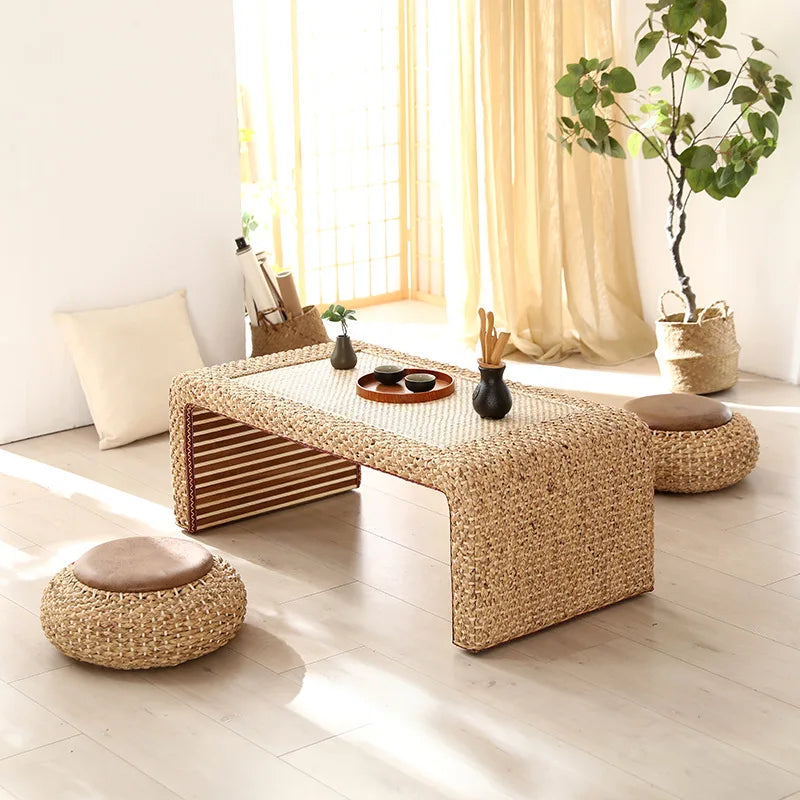 Table Thé Bois Massif Rotin Tressé Main Rectangulaire Rétro Kang — Fabrication Artisanale – | Studio Nichijo Paris
