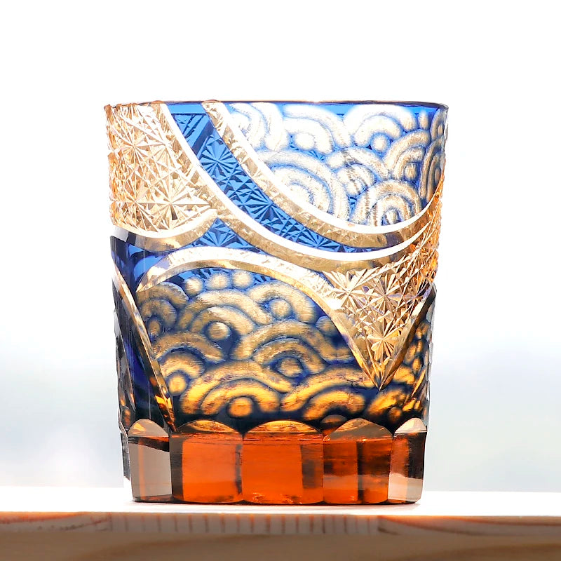 Verres à whisky Edo Kiriko de style japonais, multicolores, faits à la main, cylindriques, 240 ml, gravés, avec boîte cadeau – | Studio Nichijo Paris