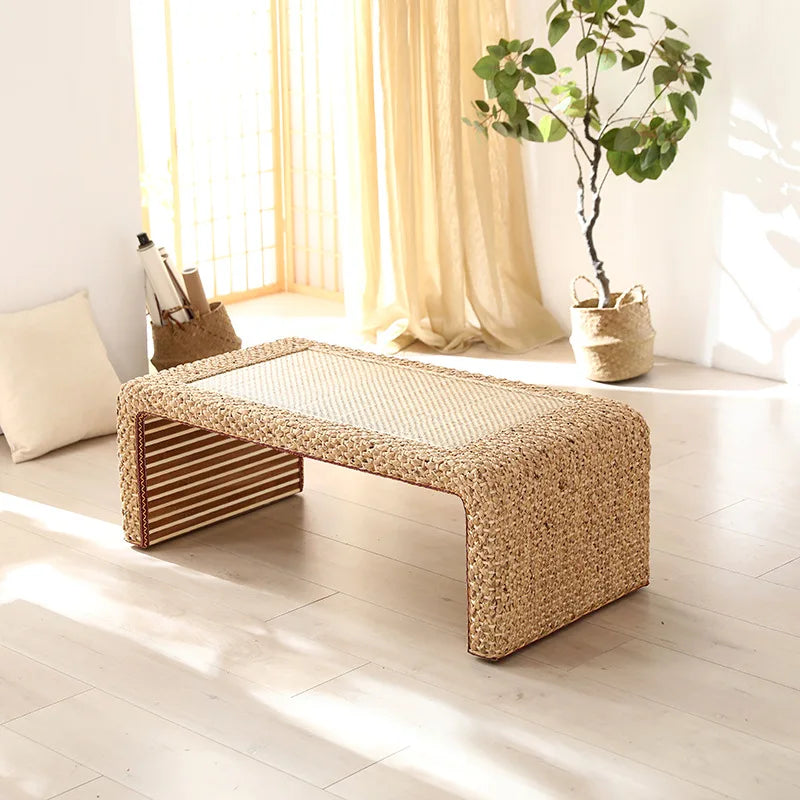 Table Thé Bois Massif Rotin Tressé Main Rectangulaire Rétro Kang — Fabrication Artisanale – 80X50X38cm | Studio Nichijo Paris