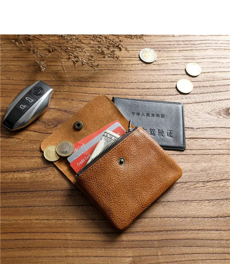 Portefeuille rétro fait à la main de style japonais pour hommes, cuir véritable, cuir de vachette, fermeture éclair courte, porte-monnaie, porte-cartes, petite poche à monnaie, sac d'argent – | Studio Nichijo Paris