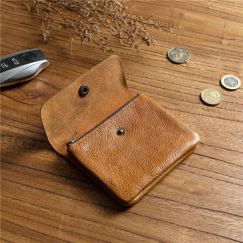 Portefeuille rétro fait à la main de style japonais pour hommes, cuir véritable, cuir de vachette, fermeture éclair courte, porte-monnaie, porte-cartes, petite poche à monnaie, sac d'argent – | Studio Nichijo Paris