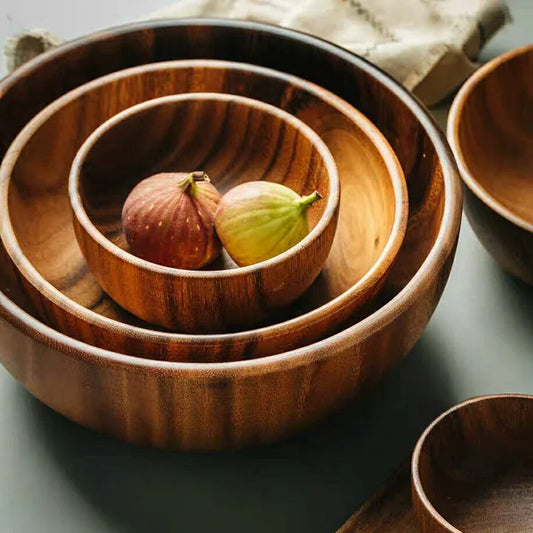 Filles rond en bois d'acacia naturel fait à la main, bol à salade de fruits, grande soupe, bol de service à manger, ustensiles de cuisine japonais – S Dia 13x6cm | Studio Nichijo Paris