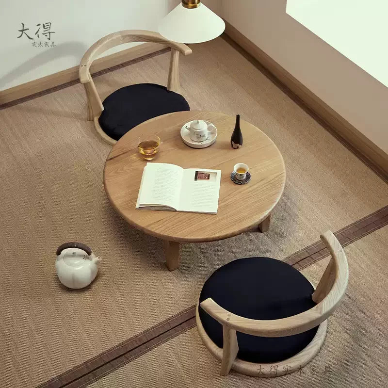 Table Thé Bois Massif Fait Main Ronde Wabi-Sabi Zen Baie Vitrée — Fabrication Artisanale – | Studio Nichijo Paris