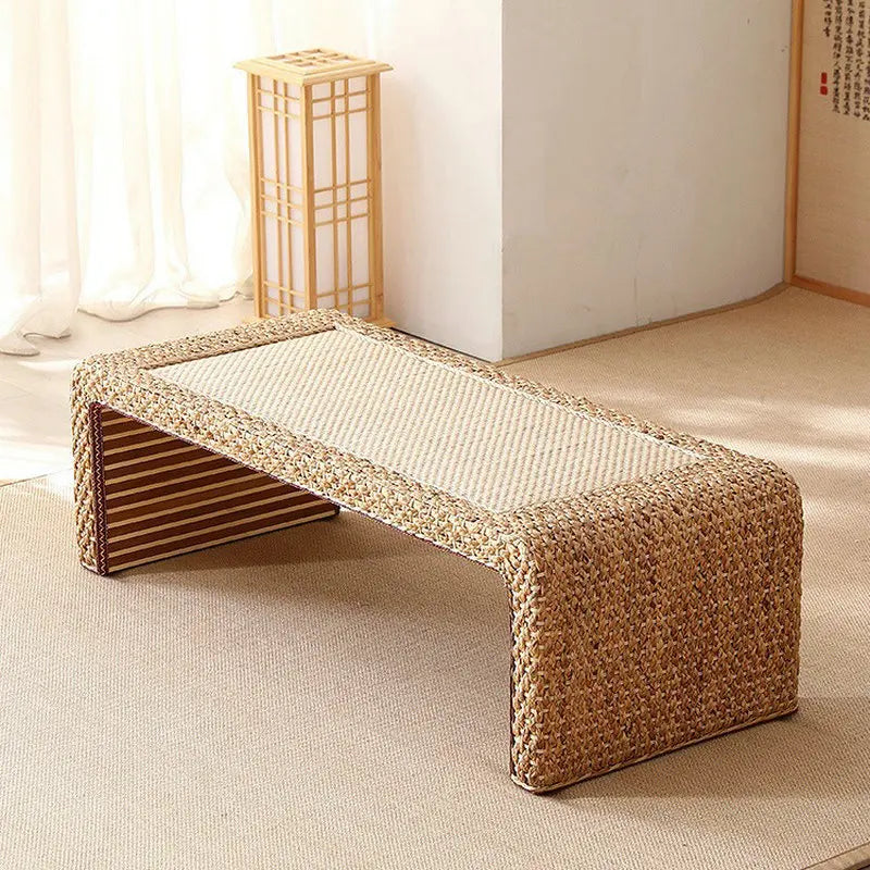 Table Thé Bois Massif Rotin Tressé Main Rectangulaire Rétro Kang — Fabrication Artisanale – | Studio Nichijo Paris