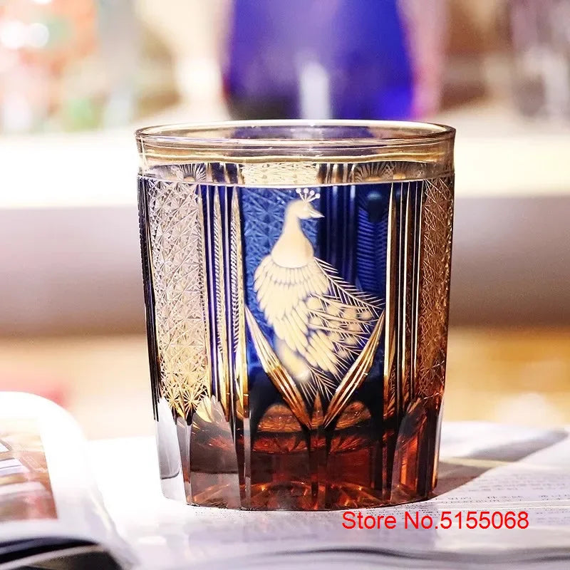 Verre Whisky Luxe Edo Kiriko Cristal Paon Vert Bleu 270 ml — Fabrication Artisanale – | Studio Nichijo Paris