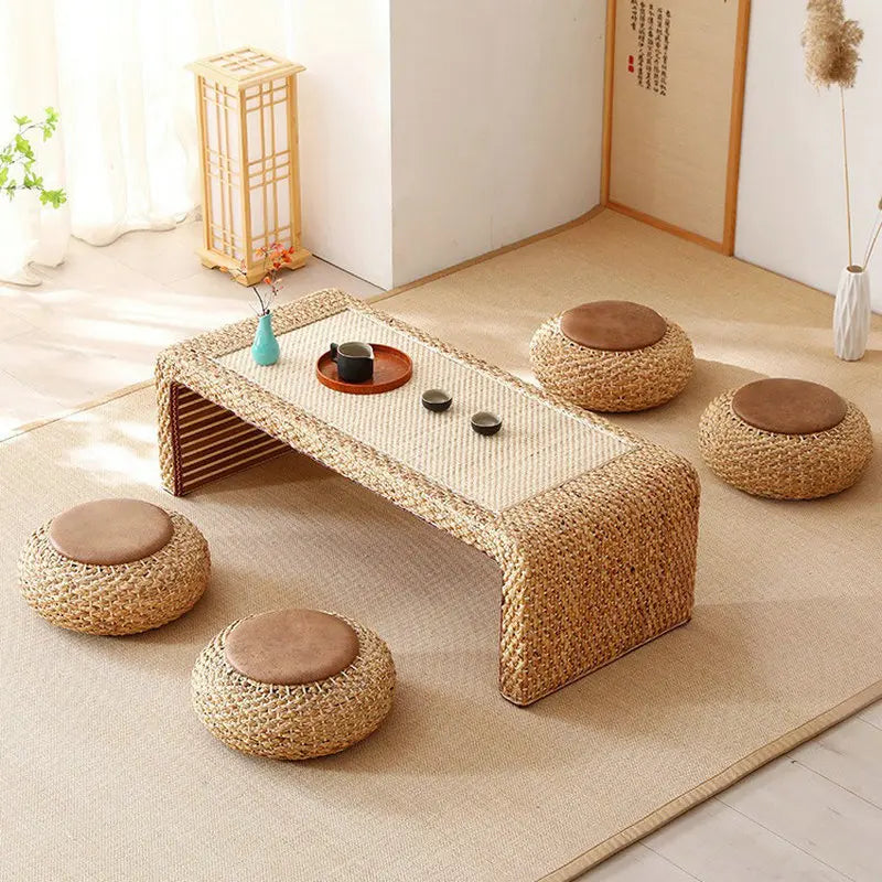 Table Thé Bois Massif Rotin Tressé Main Rectangulaire Rétro Kang — Fabrication Artisanale – | Studio Nichijo Paris
