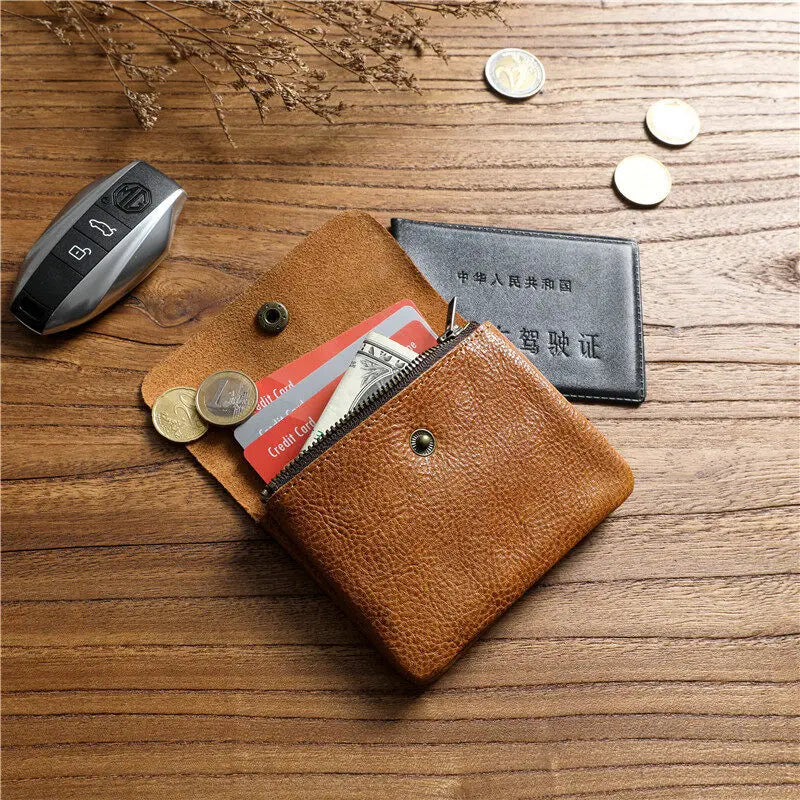 Portefeuille rétro fait à la main de style japonais pour hommes, cuir véritable, cuir de vachette, fermeture éclair courte, porte-monnaie, porte-cartes, petite poche à monnaie, sac d'argent – | Studio Nichijo Paris
