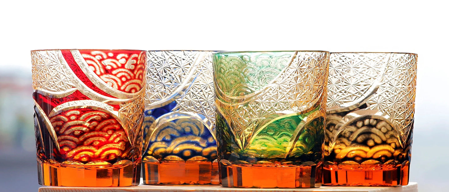 Verres à whisky Edo Kiriko de style japonais, multicolores, faits à la main, cylindriques, 240 ml, gravés, avec boîte cadeau – | Studio Nichijo Paris