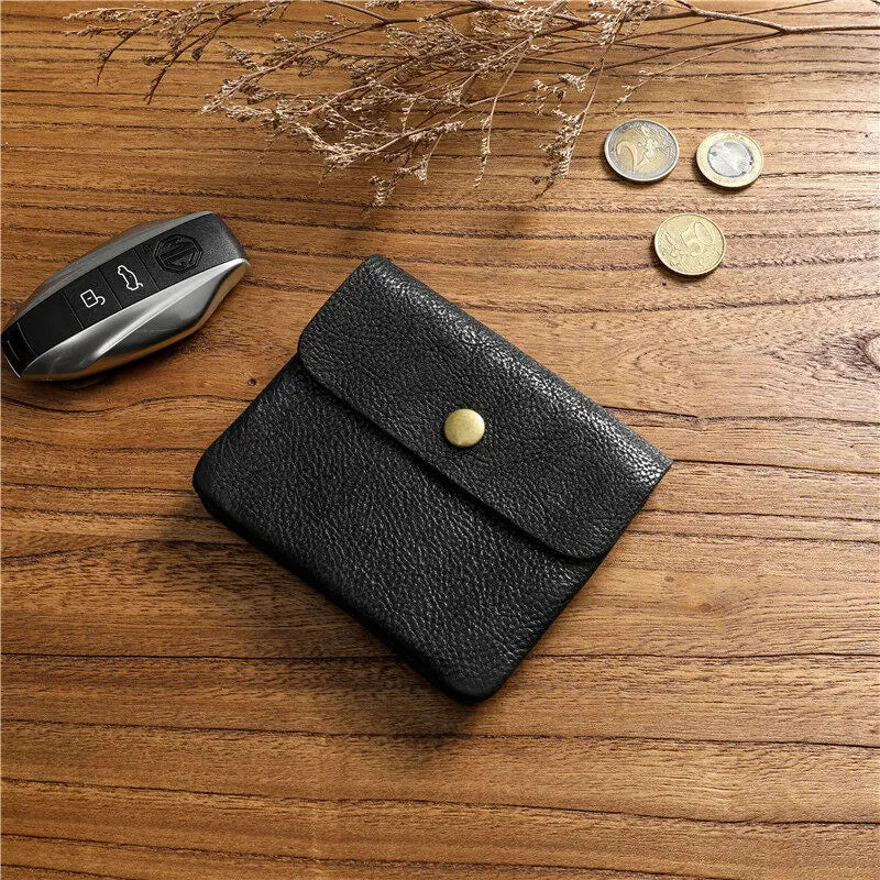 Portefeuille rétro fait à la main de style japonais pour hommes, cuir véritable, cuir de vachette, fermeture éclair courte, porte-monnaie, porte-cartes, petite poche à monnaie, sac d'argent – Black | Studio Nichijo Paris