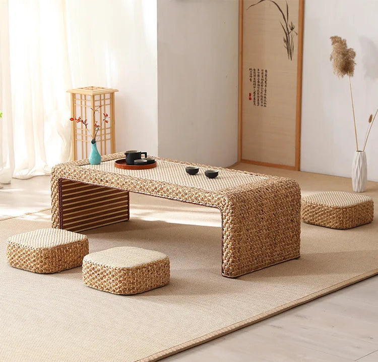 Table Thé Bois Massif Rotin Tressé Main Rectangulaire Rétro Kang — Fabrication Artisanale – | Studio Nichijo Paris