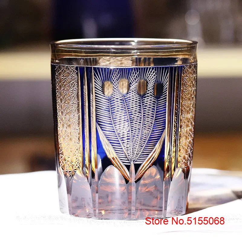 Verre Whisky Luxe Edo Kiriko Cristal Paon Vert Bleu 270 ml — Fabrication Artisanale – | Studio Nichijo Paris