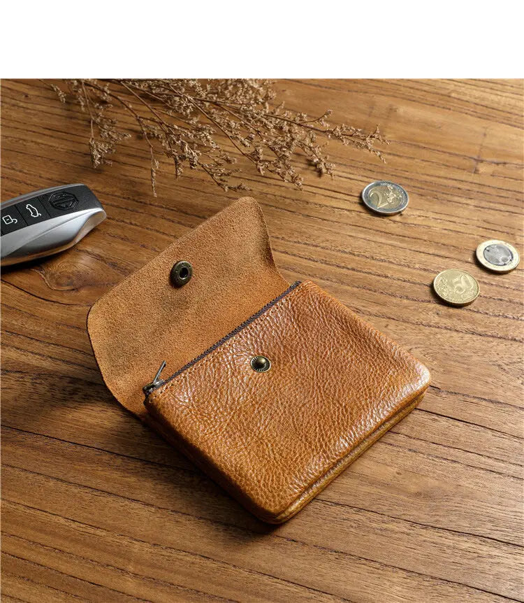 Portefeuille rétro fait à la main de style japonais pour hommes, cuir véritable, cuir de vachette, fermeture éclair courte, porte-monnaie, porte-cartes, petite poche à monnaie, sac d'argent – | Studio Nichijo Paris
