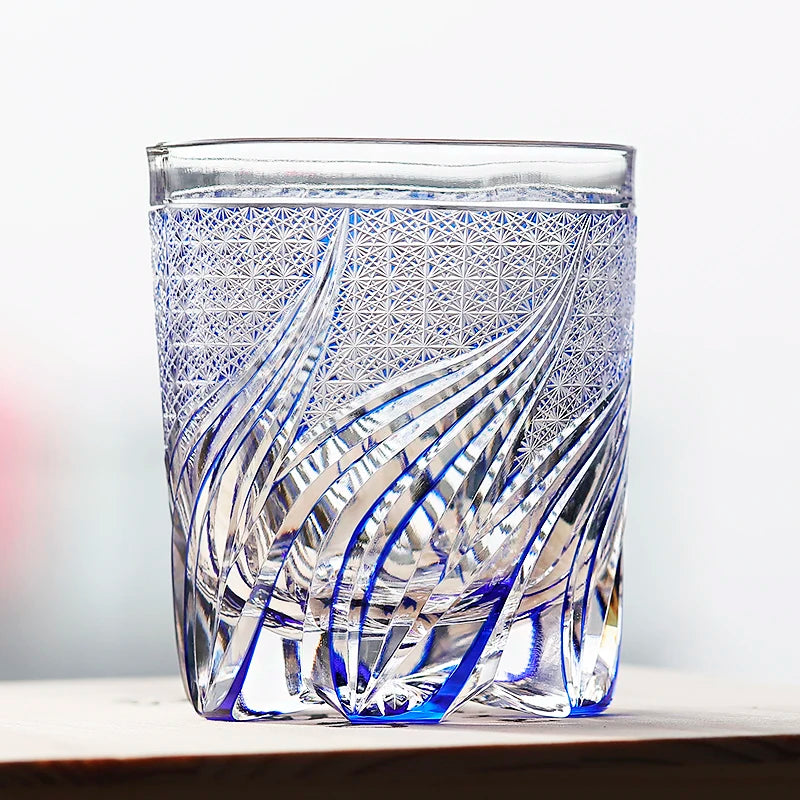 Verres à whisky Edo Kiriko de style japonais, multicolores, faits à la main, cylindriques, 240 ml, gravés, avec boîte cadeau – | Studio Nichijo Paris