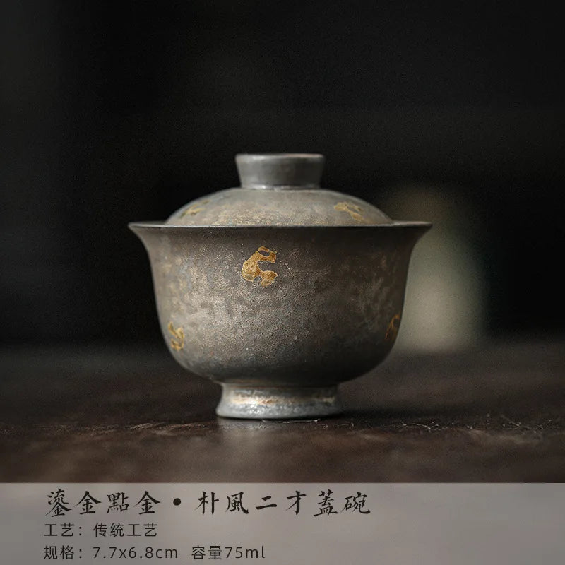Gaiwan Poterie Glaçage Doré Japonais – Fabrication Artisanale – 7.7 cm x 6.8 cm 75ml | Studio Nichijo Paris