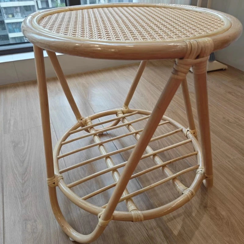Table Thé Rotin Bois Fait Main 2 Niveaux Salon Minimaliste — Fabrication Artisanale – | Studio Nichijo Paris