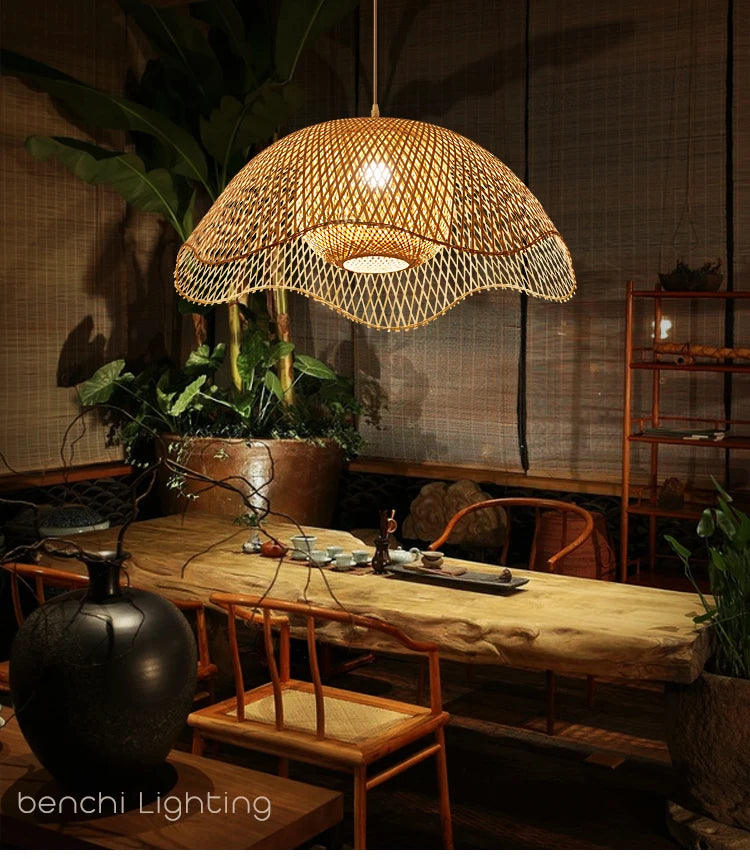 Lustre suspendu en bambou et bois, style chinois, japonais, asiatique, pour cuisine, hôtel, restaurant, salle à manger, salon, fabrication artisanale, nouveauté 2022 – | Studio Nichijo Paris