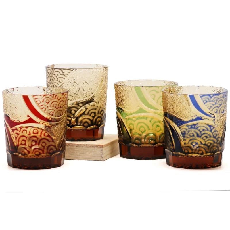 Verres à whisky Edo Kiriko de style japonais, multicolores, faits à la main, cylindriques, 240 ml, gravés, avec boîte cadeau – | Studio Nichijo Paris