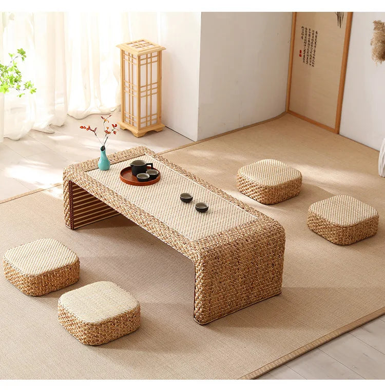 Table Thé Bois Massif Rotin Tressé Main Rectangulaire Rétro Kang — Fabrication Artisanale – | Studio Nichijo Paris
