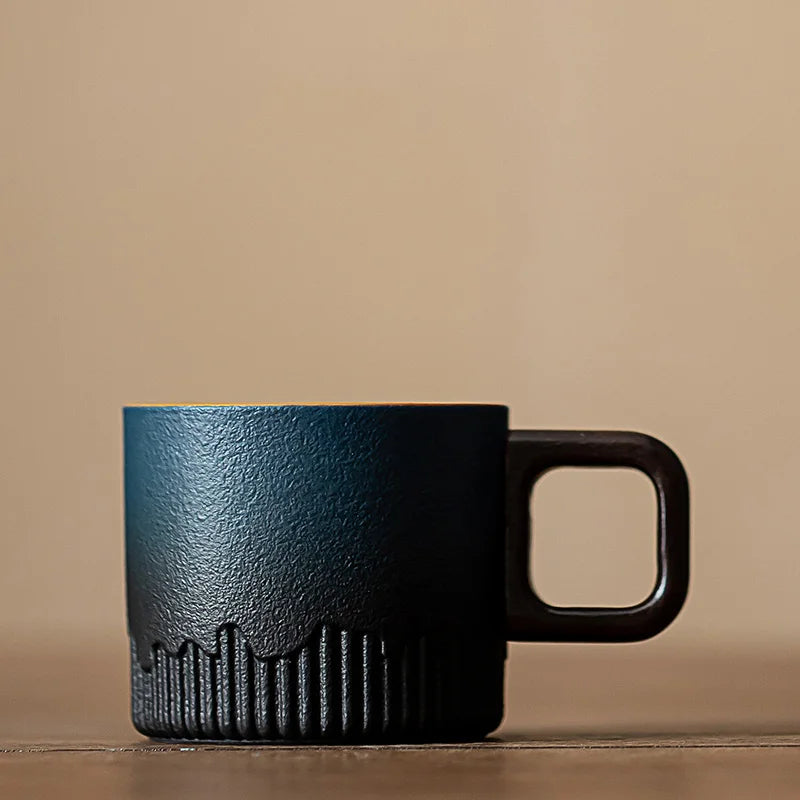 Tasse Thé Grès Poignée Bois Glaçure Réactive Mug Vintage 80 ml — Fabrication Artisanale – Bleu | Studio Nichijo Paris