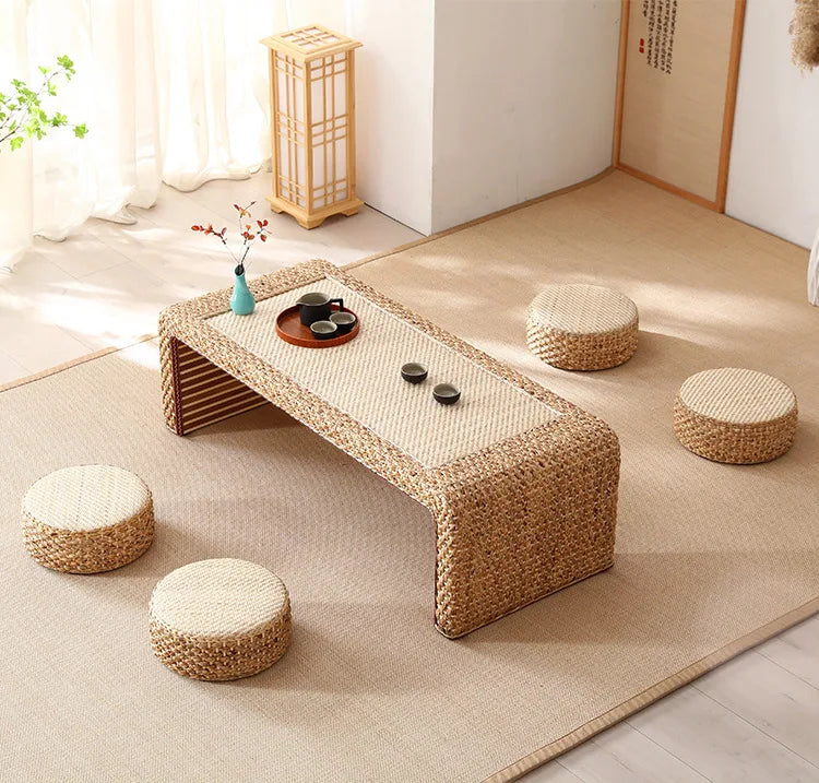 Table Thé Bois Massif Rotin Tressé Main Rectangulaire Rétro Kang — Fabrication Artisanale – | Studio Nichijo Paris