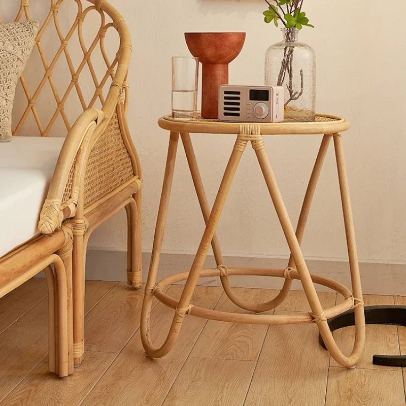 Table Thé Rotin Bois Fait Main 2 Niveaux Salon Minimaliste — Fabrication Artisanale – | Studio Nichijo Paris