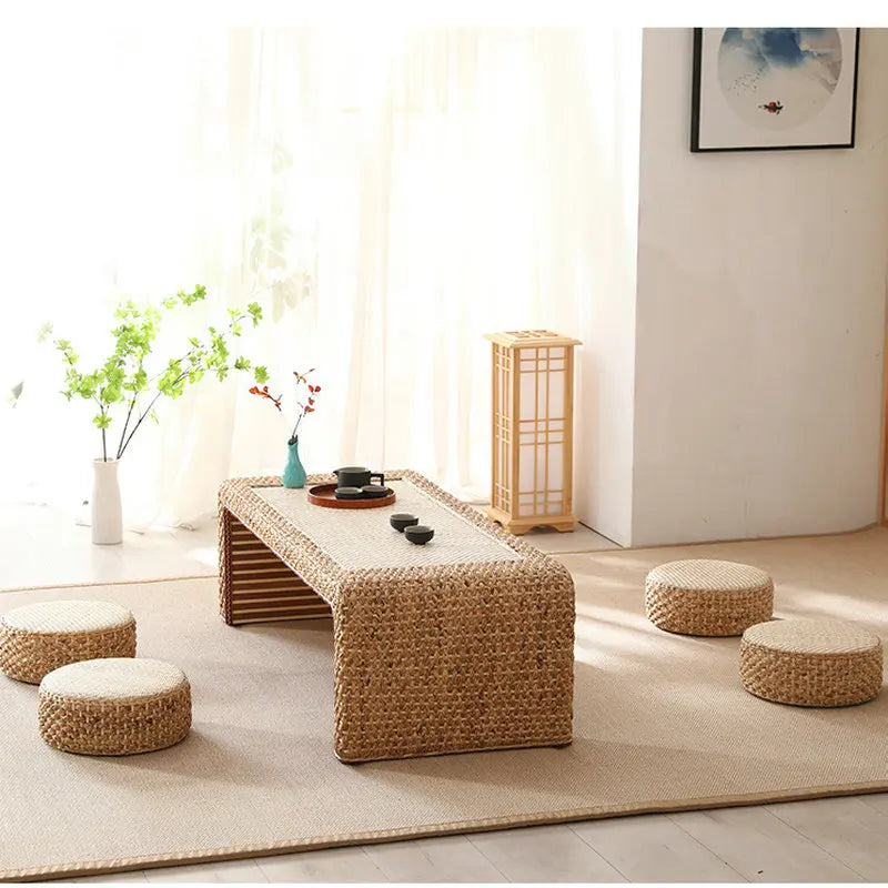 Table Thé Bois Massif Rotin Tressé Main Rectangulaire Rétro Kang — Fabrication Artisanale – | Studio Nichijo Paris