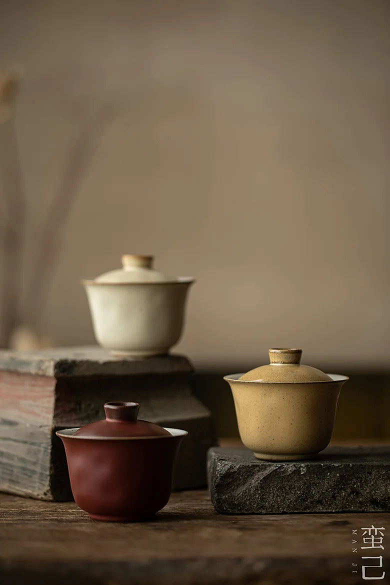 Filles recouvert fait à la main en poterie grossière, petit Gaiwan, théière élégante, verres à thé, cadeau de collection, boutique japonaise, 120ml – | Studio Nichijo Paris